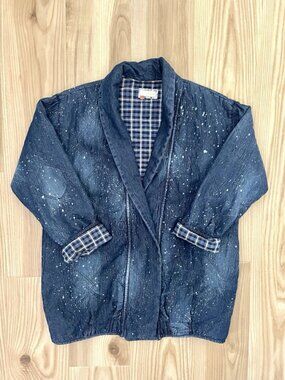 Anthropologie Quilted Kimono Jacket Paint Splatter Artsy Pockets Blue size Small